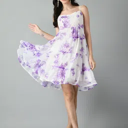 DOISA Floral Printed Shoulder Straps Sleeveless Chiffon Fit & Flare Dress image 5