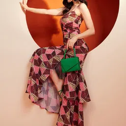 KASSUALLY Brown Geometric Printed Georgette Maxi Dress image 5