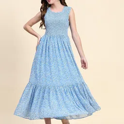 TOOCHKI Floral Printed Smocked & Tiered Georgette Maxi Fit & Flare Dress image 5