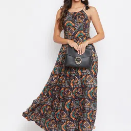 HELLO DESIGN Navy Blue & Orange Ethnic Motifs Maxi Dress image 2