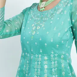Vishudh Women Turquoise Blue & Green Printed Chanderi Anarkali Kurta With Dupatta image 4