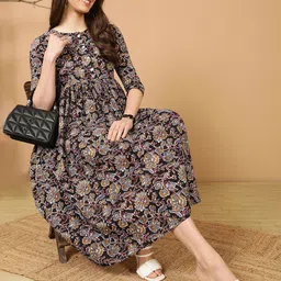 antaran Round Neck Ethnic Printed A-Line Midi Dress image 2
