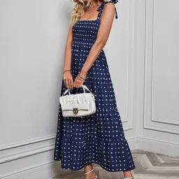 StyleCast x Revolte Blue Geometric Smocked Shoulder Strap Tiered Fit & Flare Maxi Dress image 5