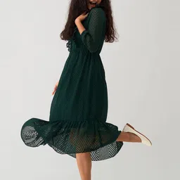 SIDYAL Chevron Self Design Puff Sleeve Georgette Fit and Flare Midi Dress image 3