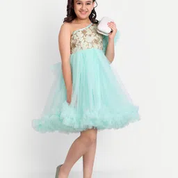 TILISM Girls Embellished One Shoulder Net Fit & Flare Dress image 2