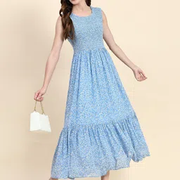 TOOCHKI Floral Printed Smocked & Tiered Georgette Maxi Fit & Flare Dress image 3