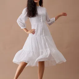 AASK Self Design Puff Sleeve Crepe Tiered A-Line Midi Dress With Shrug image 2