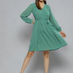 DENNISON Green Self-Design Tie-Up Detail Dress-picture-2