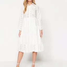 Trendyol Self Design Schiffli Tiered Pure Cotton Shirt Midi Dress image 1