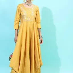 Vishudh Yellow Embellished Ethnic Maxi Printed Cowl Dress image 1