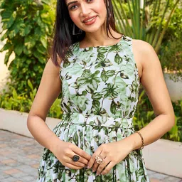 CHANSI Floral Printed Sleeveless Georgette Belted Maxi Dress image 2