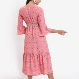 Vishudh Pink Floral Printed Keyhole Neck A-Line Midi Dress With Belt image 4