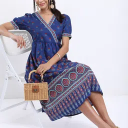 Vishudh Blue Ethnic Motifs Printed Midi Wrap Dress image 5