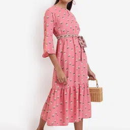 Vishudh Pink Floral Printed Keyhole Neck A-Line Midi Dress With Belt image 5