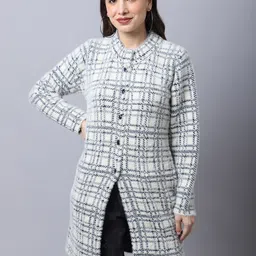 Cantabil Women Off White & Blue Checked Longline Sweater Vest-picture-40