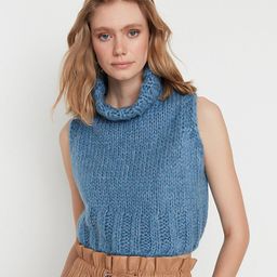 Trendyol Women Blue Ribbed Crop Sweater Vest-picture-18