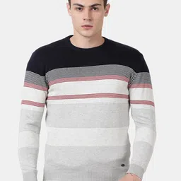 t-base Men Navy Blue & Grey Striper Cotton Crewneck Sweater-picture-3