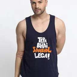 Friskers Men Navy Blue Printed Pure Cotton Gym Vest-image-52