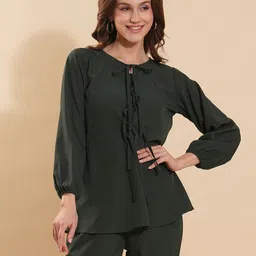 Casual Bishop Sleeve Solid Women Dark Green Top-image-43