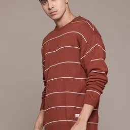 roadster Men Striped Round Neck Red Sweater image 3
