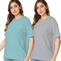 shaun Pack of 2 Women Self Design Round Neck Polycotton Light Blue, Grey T-Shirt-picture-40