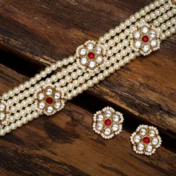Zaveri Pearls White & Gold Plated Pearls Choker Jewellery Set-image-17