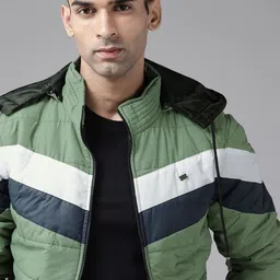 Roadster Men Green & Navy Blue Striped Padded Jacket with Detachable Hood-picture-15