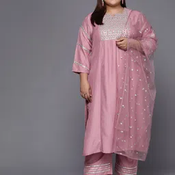 Varanga Women Pink Ethnic Motifs Embroidered Mirror Work Kurta with Trousers & Dupatta-picture-17