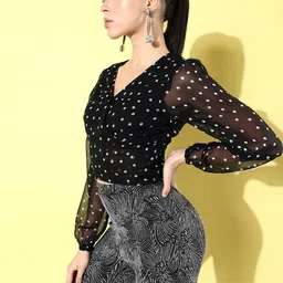 ANVI Be Yourself Polka Dot Print Puff Sleeve Smocked Georgette Wrap Crop Top image 5