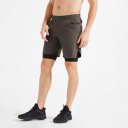 domyos Men Sports Gym Shorts with Tights and Zip Pocket - Khaki-picture-19