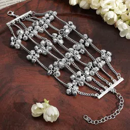 Rubans Oxidised Silver-Plated Multi-Layered Chain Bracelet with Silver Bells image 2