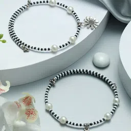 Jazz and Sizzle Silver-Plated White & Black Beaded Anklet-picture-17