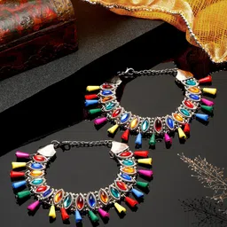 YouBella Set Of 2 German Silver Silver-Plated Stones & Beads-Studded Anklets-image-39