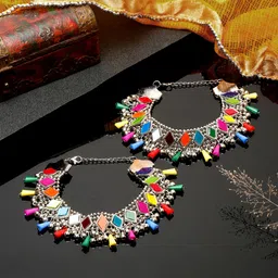 Sangria Set Of 2 Silver-Plated Stone-Studded & Beaded Anklets-picture-12
