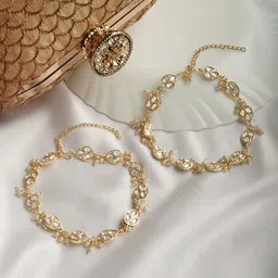 TEEJH Pack Of 2 Stone-Studded & Pearl Beaded Polki Anklet-picture-30