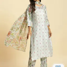 W Floral Printed Gotta Patti Straight Kurta With Trousers & Dupatta image 3