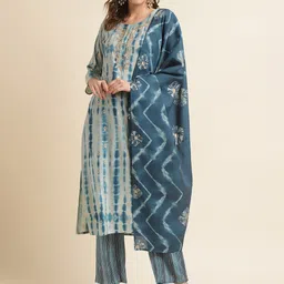 Sangria Blue Ethnic Motifs Printed Gotta Patti Straight Kurta With Trouser & Dupatta image 1