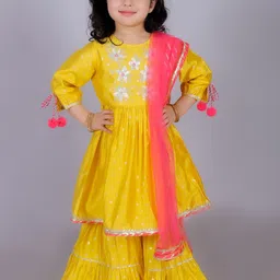 LIL DRAMA Girls Floral Embroidered Regular Thread Work Kurta with Sharara & Dupatta-picture-48