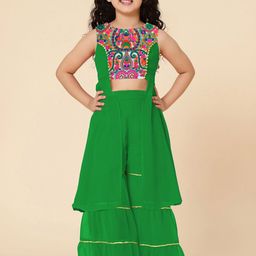 a.t.u.n. A T U N Girls Green Embroidered Kurta with Sharara-picture-26