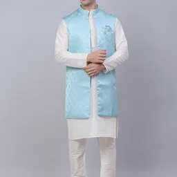 Jompers Men Blue Dupion Silk Kurta with Pyjamas & Woven Design Jacket-image-4