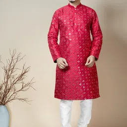BAESD Geometric Embroidered Mandarin Collar Mirror Work Dupion Silk Kurta with Pyjamas image 1