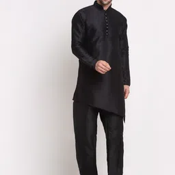 Benstoke Men Black Dupion Silk Kurta with Trousers-picture-2