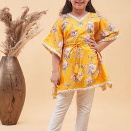 VASTRAMAY Girls Floral Printed Mirror Work Kaftan Kurta with Trousers-picture-10