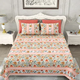 SHOOLIN Peach & Grey Floral Printed Cotton 162 TC King Bedsheet With 2 Pillow Covers-image-31