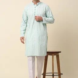 Anouk Turquoise Blue & White Embroidered Thread Work Pure Cotton Kurta With Pyjamas image 1
