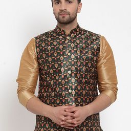 KRAFT INDIA Men Green Silk Printed Mandarin Collar Nehru Jacket-picture-18