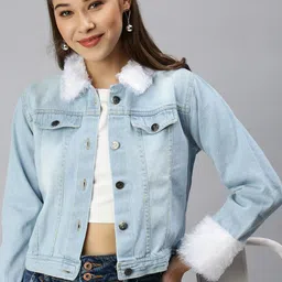 SHOWOFF Women Blue & White Washed Denim Jacket-picture-46