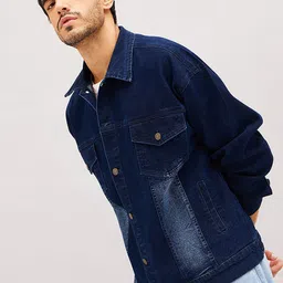 MASCLN SASSAFRAS Navy Blue Washed Spread Collar Long Sleeves Cotton Relax Fit Denim Jacket image 3