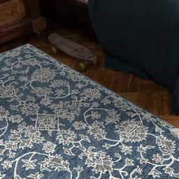 saraswatii global Navy Blue & White Floral Printed Woolen Rectangle Carpet-picture-33