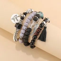 Shining Diva Fashion Set Of 4 Black Silver-Plated Charm Bracelet image 1